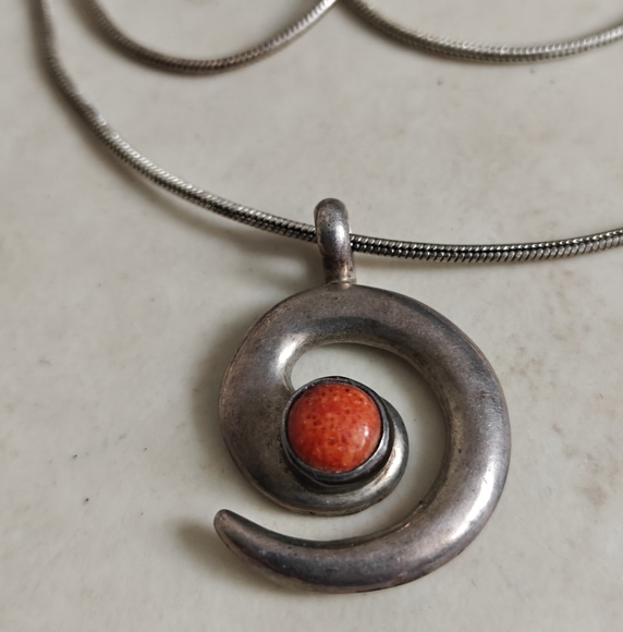 Leonard Maloney Navajo Modernist Sterling LM Pendant w/Coral - Picture 1 of 16